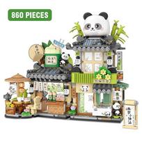 Panda Pet Zoo Coffee Shop Store Fold Street View Shop Food House Building Blocks Kit Girls Bricks Model Toys Gifts For Adults no box beige