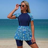 Women Short Sleeve Two Piece Conservative Skirted Swimsuit For Surfing Diving M brown