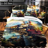 3D Steam Locomotive Train Duvet Cover Set With Pillowcases, 2/3 Piece Polyester Bedding Set No Duvet Insert - Digital Print AU Single 140*210cm/55x83in 3pcs white