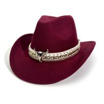 Western cowboy hat cow head decorative woolen jazz hat autumn and winter men's and women's ethnic style big-brimmed top hat M（56-58cm） black