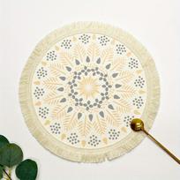 1 placemat, small placemat, fringed coaster, bohemian placemat, fabric woven round mat, home kitchen thermal insulation and anti-scalding mat D beige