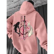 Unisex didelis gobtuvas su japoniškais karpiais, kardais ir vyšnių žiedų Ukiyo-e spaudiniu, laisvo kirpimo, gatvės stiliaus Large gray