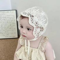 Lace Flower Baby Bonnet Mesh Infant Princess Cap Cute Baby Hat smėlis