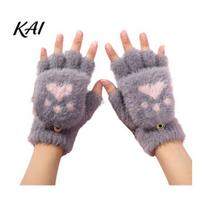 Practical Gift for Winter Furry Cat Paw Thermal Gloves, Flip Top Mitten with Button Women, Half Finger Writing Gloves Students Plush Cute Bear One Size H gray