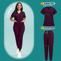 Stretch Scrubs Moterų rinkinys Slaugos uniformos Klinikinių šveitimų rinkinys Slaugytoja Dulkėms atsparus Darbo Drabužiai Medicininiai šveitikliai Top+ Jogger Pants L vyno raudonos spalvos