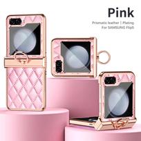 Galvanizuotas žiedas Odinis telefono dėklas, skirtas Samsung Galaxy Z Flip 7 6 5 4 3 Flip6 Flip5 Flip4 Flip3 5G Atsparus smūgiams Laikiklis Dangtelis Galaxy Z Flip7 rožinė