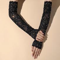 1 Pair Retro Long Lace Gloves Glitter Hollow-out Mesh Gloves Elasticity Sparkling Fingerless Gloves for Women black