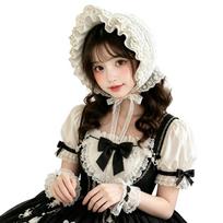 Cosplay Lace Bonnet Cap with Ruffled Flower Embroidery, Tie Ribbons, and Foldable Form for Anime Maid Outfit Ensembles balta