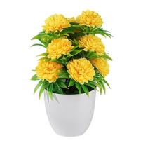 12Heads Artificial Flower Bonsai Multicolor Globe Chrysanthemum Green Grass Potted Green Grass Waterproof geltona