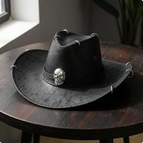 Cowboy Hat with Skull Ornament Distressed Chin Strap Wide Brim for Adults, juoda