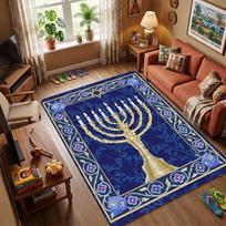 Golden Seven Branch Menorah Vintage Carved Gold Floral Frame Navy Blue Anti-slip Area Rug Jewish Religious Holiday Decor Floor Mat 40x60cm( 15x23in ) brown