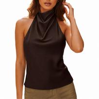 Berankovis satininis topas su petnešėle aplink kaklą, atviru nugara, prigludęs, vasarinė palaidinė-topas moterims, lengvas, minkštas audinys S ruda