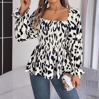 Casual Fungus Square Collar Leopard Print Long Sleeves XL