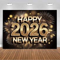 2026 Happy New Year Theme Backdrop Black Gold Balloon Banner Champagne Celebrate Family Partys Decoration Gift Photo Studio Prop 240x180 CM