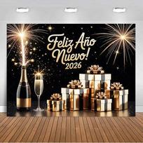 2026 Happy New Year Theme Backdrop Black Gold Balloon Banner Champagne Celebrate Family Partys Decoration Gift Photo Studio Prop 120x90 CM