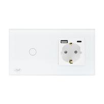 PNI SH115W paprastas stiklinis jungiklis su lietimui jautriu paviršiumi, sujungtas su Schuko lizdu ir USB jungtimis