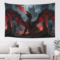 Dark Fantasy Dragon Tapestry, Fire Breathing Black Dragon with Red Wings and Castle Ruins Wall Hanging for Gothic Home Decor 70x100CM