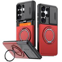 Armor Case for Samsung Galaxy S26 S25 S24 S23 S22 Ultra Plus S25FE S24FE Slide Camera Protect Ring Holder with Card Cover Funda Galaxy S24 Ultra raudona