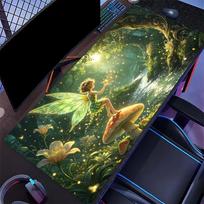 Magical Moonlight Fairy Art Print Gaming Mouse Pad Large Desk Mat Antislip Rubber Base Stitched Edge Keyboard Mat For Office 800x300x2mm beige