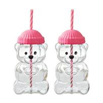 Meškiuko stiklinė su šiaudeliu, karščiui atsparus puodelis kavai, alui, kokteiliams, miela gėrimų stiklinė karštiems ir šaltiems gėrimams 2pcs plastic rožinė