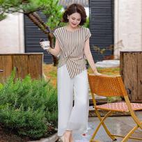 Chic Wide-Leg Pants & Short-Sleeve Striped Top Set for Middle-Aged & Seniors - 2026 Age-Reducing Fashion. XL (Recommended 90-105 jin) chaki