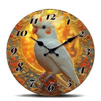 Cockatiel Bird Wall Clock, Vibrant Feather Design, Silent Quartz Movement Clock for Bird Lovers, Ornate Golden Frame Art Timepie 10 inch yellow