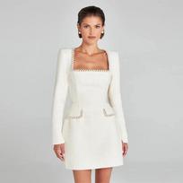 Elegantiška moteriška mini suknelė Rudens Balta Nagų Karoliukų Kvadratinė Apykaklė Ilgomis Rankovėmis Moteriškos Suknelės 2024 Mados Lady Slim Vestidos M balta