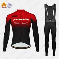 MMR Fleece Cycling Set Winter Long Sleeve Bib Pants Road Mountain Bike Outdoor Trail Riding M red