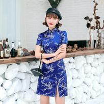 Summer Daily Front Fork Dragon&Phoenix Qipao Elegant Women Cheongsam Old Shanghai Mandarin Collar Sexy Short Chinese Dress Vestido XXXL gray