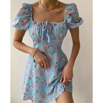 Women's Summer Fashion Puff Sleeve Floral Dopamine Dress for Women XL mėlyna