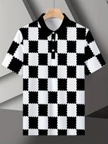 Vyriški juodai balti languoti polo marškinėliai trumpomis rankovėmis, madingi, laisvalaikio, kasdieniai, biuro viršutiniai drabužiai su sagų juostele M black