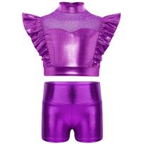 Vaikų džiazo šokio apranga su kalnų krištolu puoštu aukštu kaklu, tinklinėmis detalėmis, trumpu viršumi ir blizgančiais šortais pasirodymui 13-14 Years purple