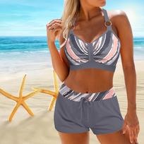 Moteriškas maudymosi kostiumėlis su petnešėlėmis, su spalvingu lapų raštu, bikini šortai, maudymosi kostiumėlis-tankinis 4XL pilka