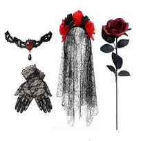 Gothic Party Costume Accessory Set with Lace Gloves and Skull Rose Headpiece for Cosplay Halloween Photo Looks black