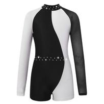 Merginos Blizgantys Kalnų krištolai Šokių Gimnastika Trikotas Biketard Tinklelis ilgomis rankovėmis Patchwork Kombinezonas Balerina Bodysuit 13-14 Years balta/juoda