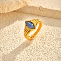 Stainless Steel Finger Rings for Women, Vintage Opal Blue Natural Stone Eye-shape Ring, Aesthetic Jewelry US Ring Size 09 beige