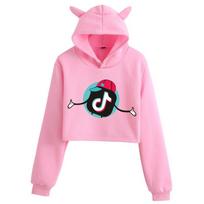 Tik Tok Women Short Pullover Hoodie Spring Autumn Sweatshirt Jumper Tops Crop Pink Hand,M pink