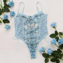 New, embroidered transparent mesh onesie, one piece of erotic underwear XXL šviesiai mėlyna spalva
