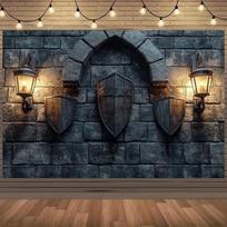 1 Medieval castle-themed background cloth - knight shield and stone wall design, durable polyester fabric, Halloween 59×39inch/150*100cm gray