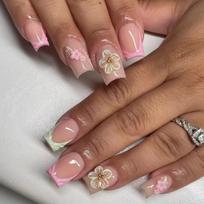 24Pcs Blush Pink French Press On Nails Hand Painted White Flower Gold Ball Design Short Square False Nail Tips brown
