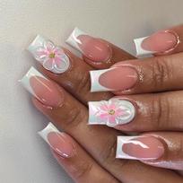 24Pcs Blush Pink French Press On Nails Hand Painted White Flower Gold Ball Design Short Square False Nail Tips brown