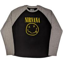 Nirvana Raglan T-Shirt Yellow Happy Face Black  Grey OFFICIAL NEW L black