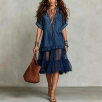 Bohemian imitation denim stitching mesh dress, bohemian dress XL gray
