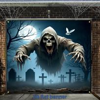 2D flat banner, 1 piece Halloween Happy Garage Door Banner, with skulls and ghosts extending their sharp clawszyc 59x51.1inch/150*130cm gray