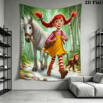 Pippi Longstocking Tapestry Cartoon Girl Horse Monkey Tree Wall Hanging Art Decor for Bedroom Living Room Home Backdrop 180cm x 230cm