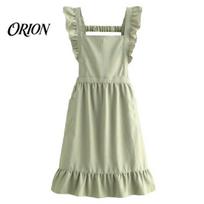 Polyester Chef Bib Apron Cross Back Ruffle with Side Pockets, Water Repellent Breathable Kitchen Uniform Cooking Apron, Adjustable Straps for žalia