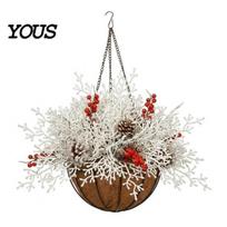 Rustic Farmhouse Holiday Decor Artificial Christmas Hanging Basket with Pine Branches, Red Berries & Pinecones, Outdoor Porch Pre-lit Planter 45cm F