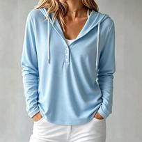 Women's Casual Loose Fit Long Sleeve Hooded Top with and Buttons for Everyday Wear S dangaus mėlyna spalva