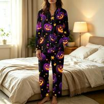 Women's Casual Halloween Print Long Sleeve Set with Pants XL violetinė