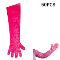 50Pcs Harmless Plastic Disposable Vet Glove Clear Disposable Farm Glove Veterinary Supplies Long Arm Glove Rectal Examination raudona